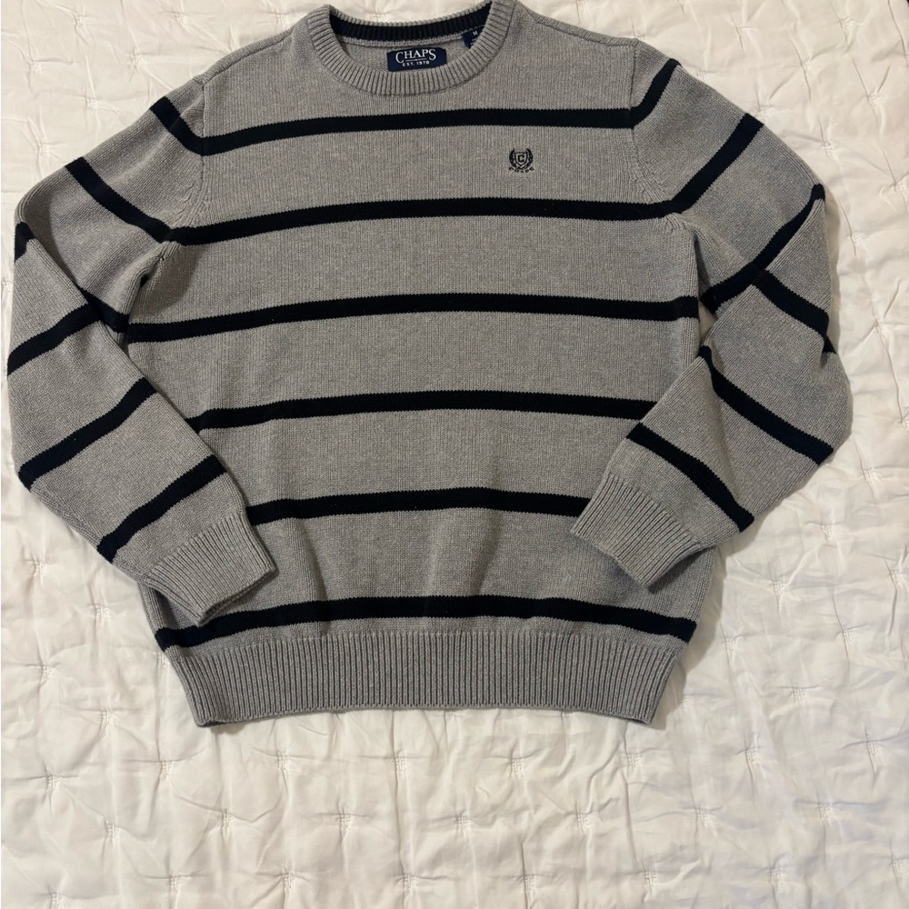 Chaps 100% Cotton Gray and Navy Striped Crest Sweater